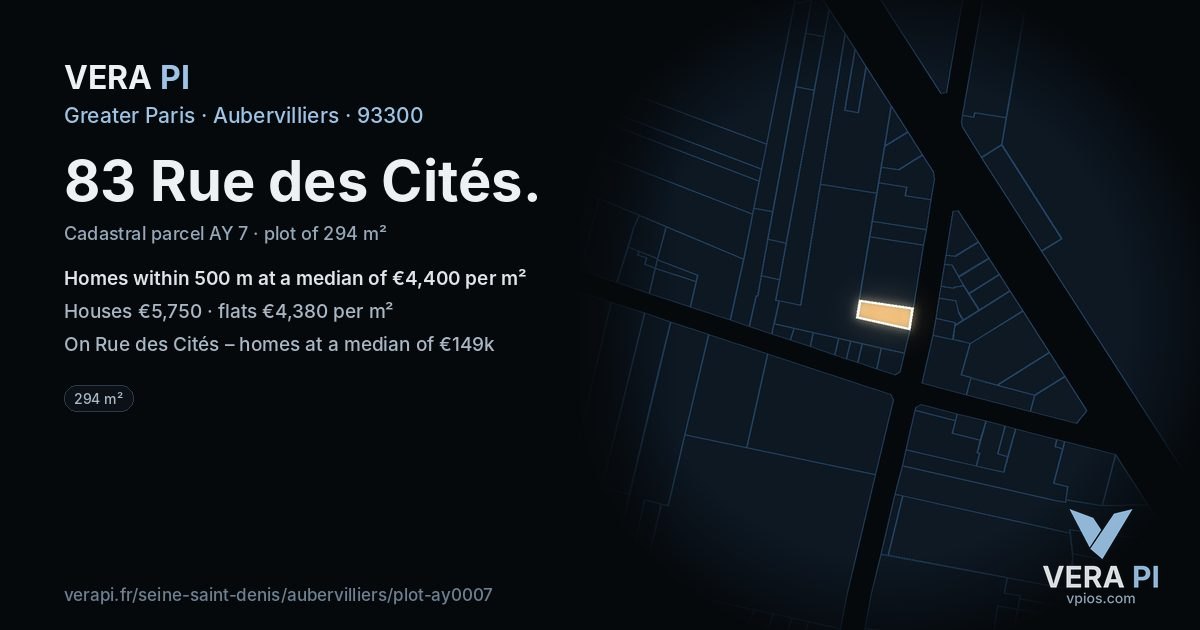 83 Rue des Cités, Aubervilliers at night – the plot lit, the parcels around coloured by the prices near them