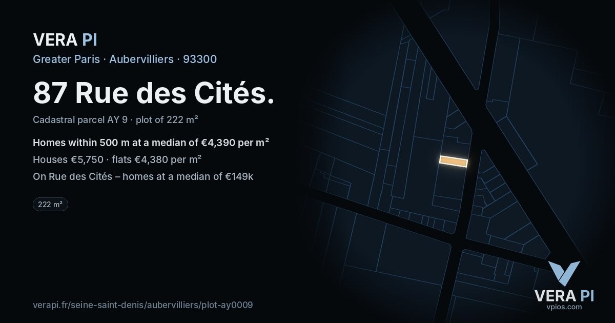 87 Rue des Cités, Aubervilliers at night – the plot lit, the parcels around coloured by the prices near them