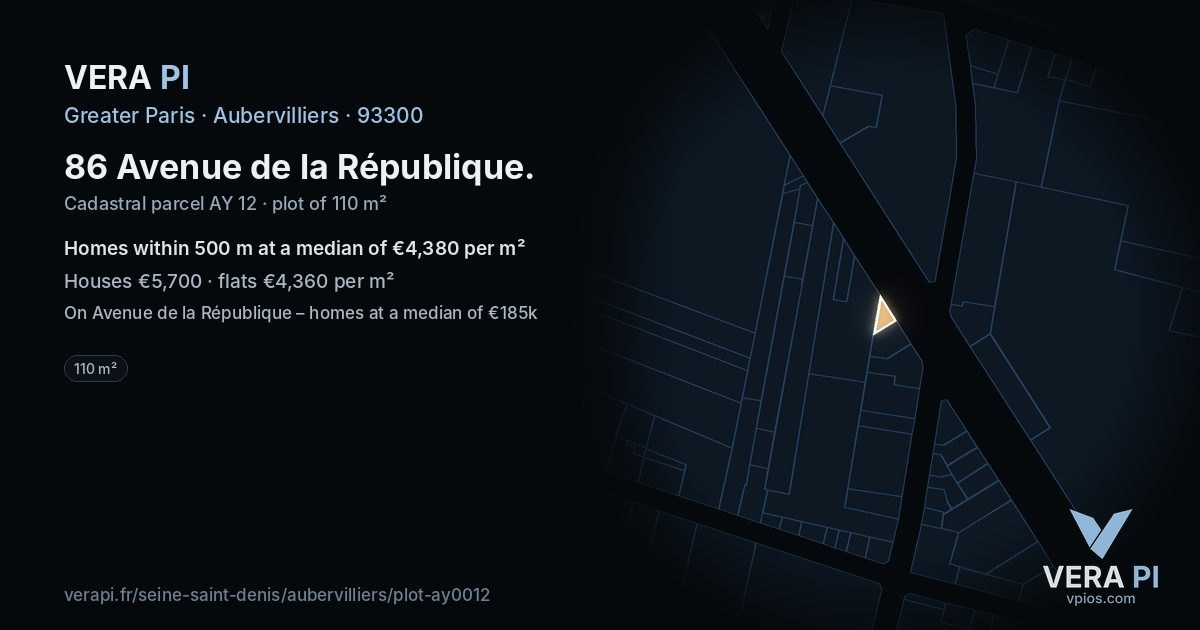 86 Avenue de la République, Aubervilliers at night – the plot lit, the parcels around coloured by the prices near them