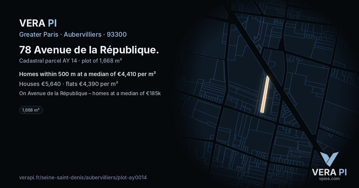78 Avenue de la République, Aubervilliers at night – the plot lit, the parcels around coloured by the prices near them