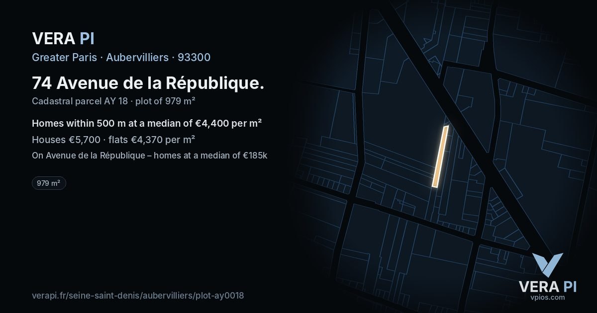 74 Avenue de la République, Aubervilliers at night – the plot lit, the parcels around coloured by the prices near them