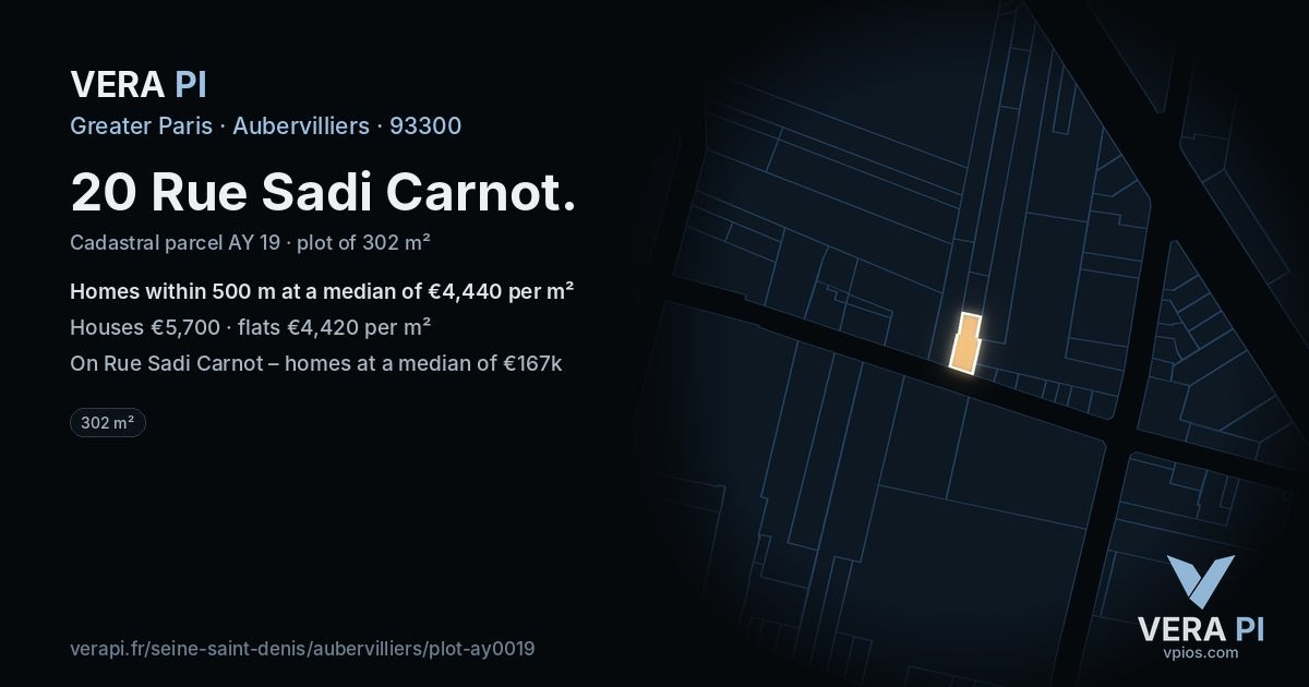 20 Rue Sadi Carnot, Aubervilliers at night – the plot lit, the parcels around coloured by the prices near them