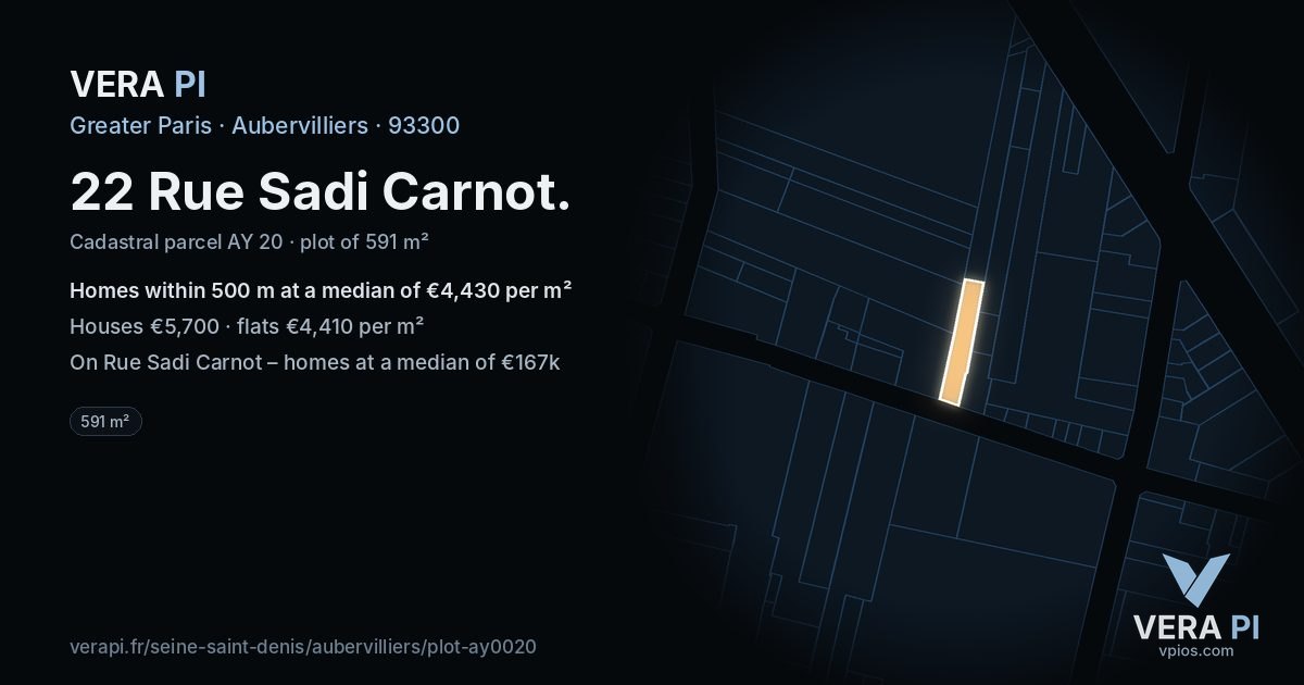 22 Rue Sadi Carnot, Aubervilliers at night – the plot lit, the parcels around coloured by the prices near them