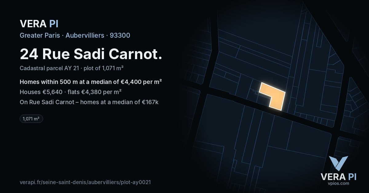 24 Rue Sadi Carnot, Aubervilliers at night – the plot lit, the parcels around coloured by the prices near them