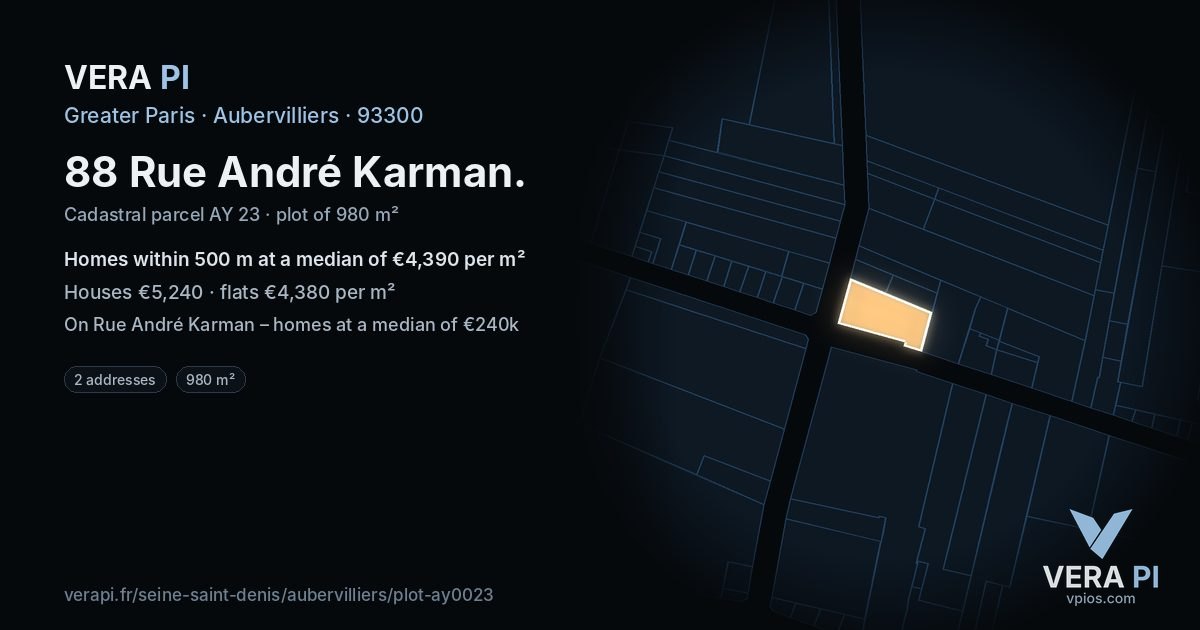 88 Rue André Karman, Aubervilliers at night – the plot lit, the parcels around coloured by the prices near them