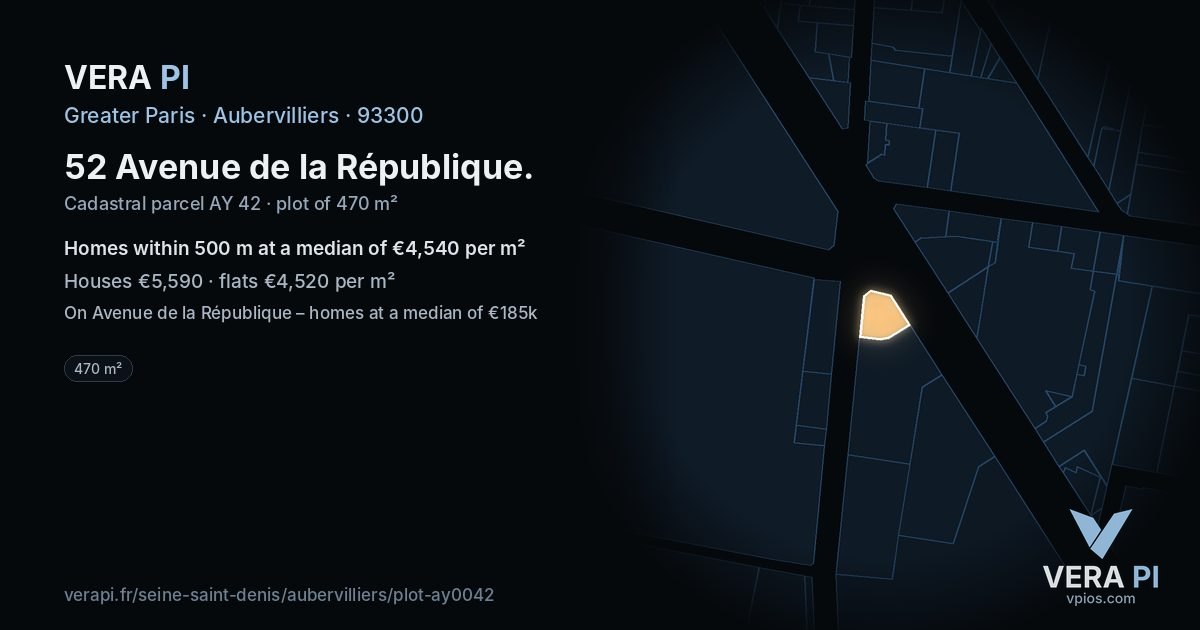 52 Avenue de la République, Aubervilliers at night – the plot lit, the parcels around coloured by the prices near them