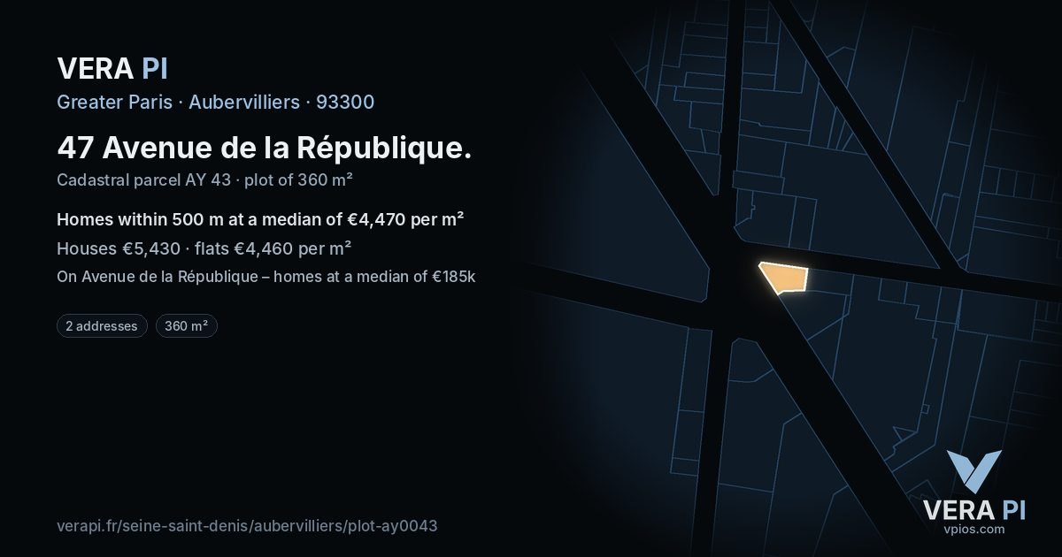 47 Avenue de la République, Aubervilliers at night – the plot lit, the parcels around coloured by the prices near them