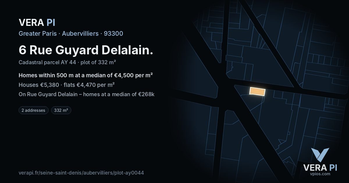 6 Rue Guyard Delalain, Aubervilliers at night – the plot lit, the parcels around coloured by the prices near them