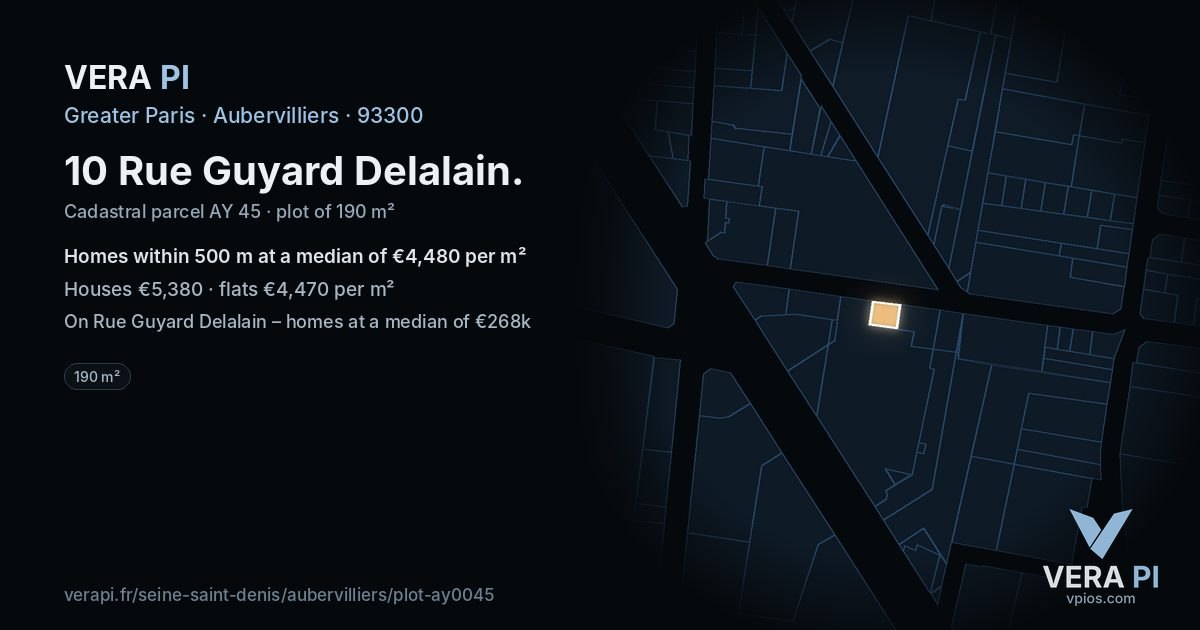 10 Rue Guyard Delalain, Aubervilliers at night – the plot lit, the parcels around coloured by the prices near them