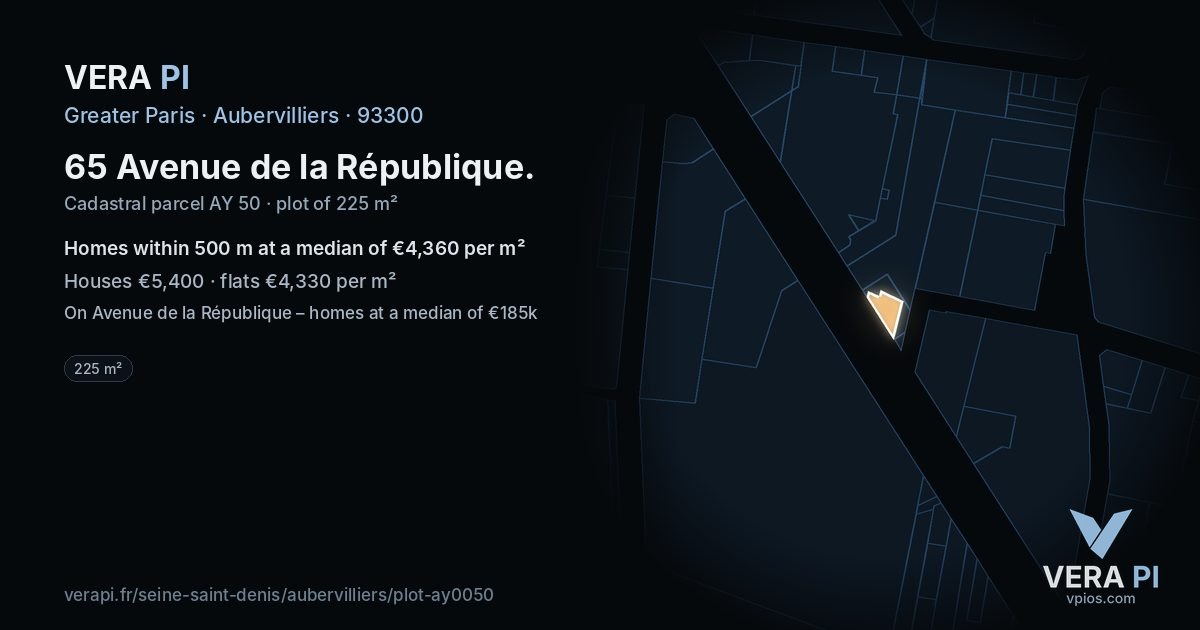65 Avenue de la République, Aubervilliers at night – the plot lit, the parcels around coloured by the prices near them