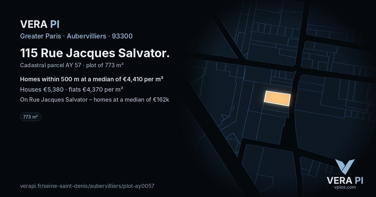 115 Rue Jacques Salvator, Aubervilliers at night – the plot lit, the parcels around coloured by the prices near them