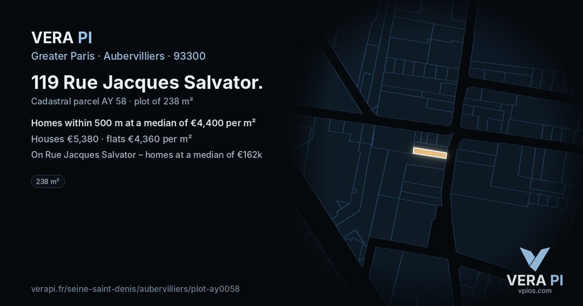 119 Rue Jacques Salvator, Aubervilliers at night – the plot lit, the parcels around coloured by the prices near them
