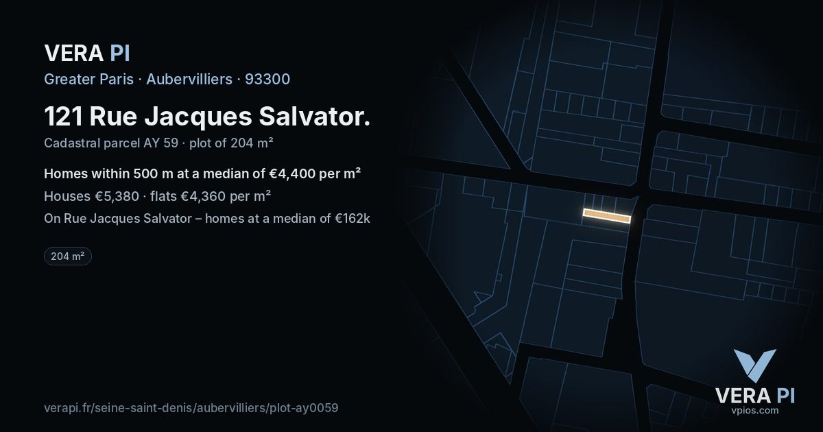 121 Rue Jacques Salvator, Aubervilliers at night – the plot lit, the parcels around coloured by the prices near them
