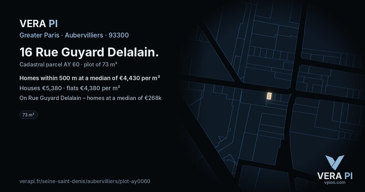 16 Rue Guyard Delalain, Aubervilliers at night – the plot lit, the parcels around coloured by the prices near them