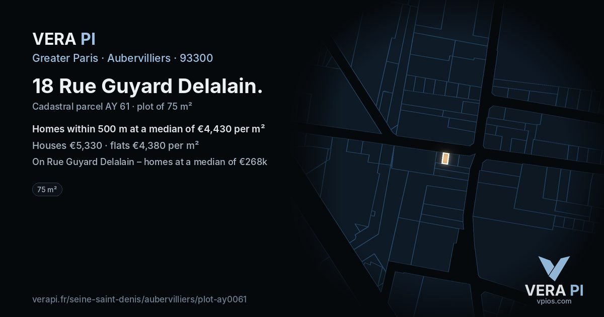 18 Rue Guyard Delalain, Aubervilliers at night – the plot lit, the parcels around coloured by the prices near them