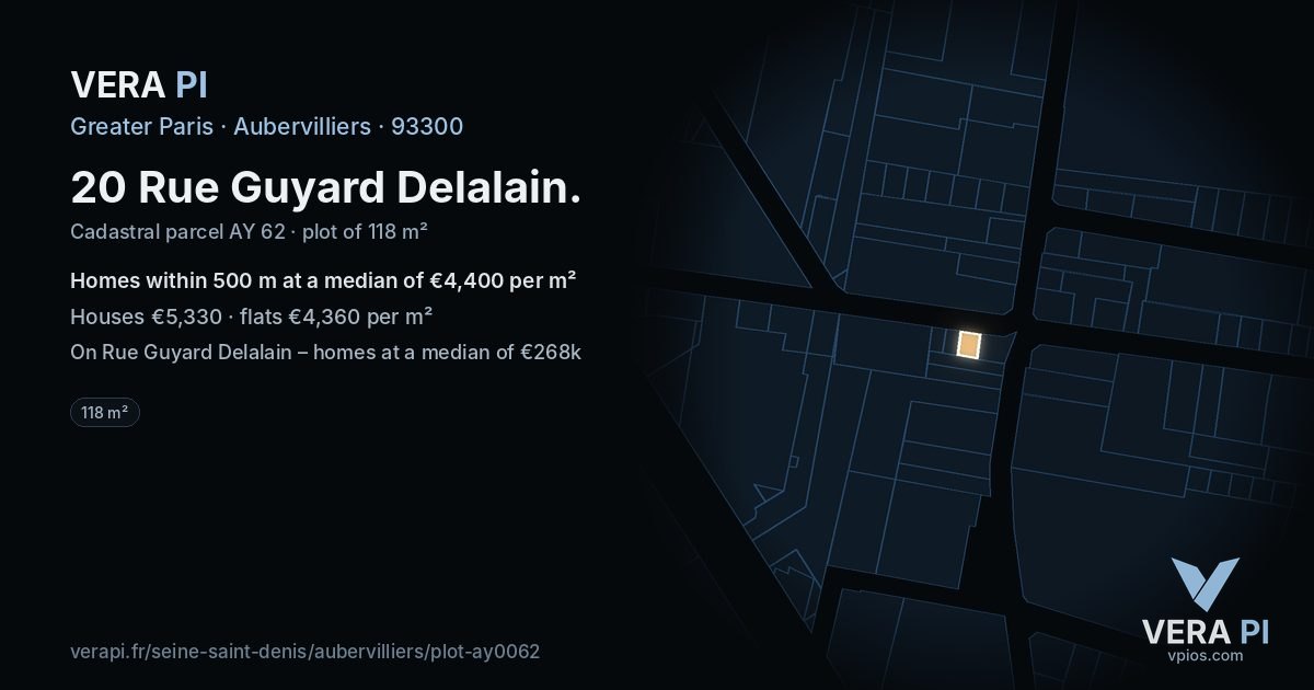 20 Rue Guyard Delalain, Aubervilliers at night – the plot lit, the parcels around coloured by the prices near them