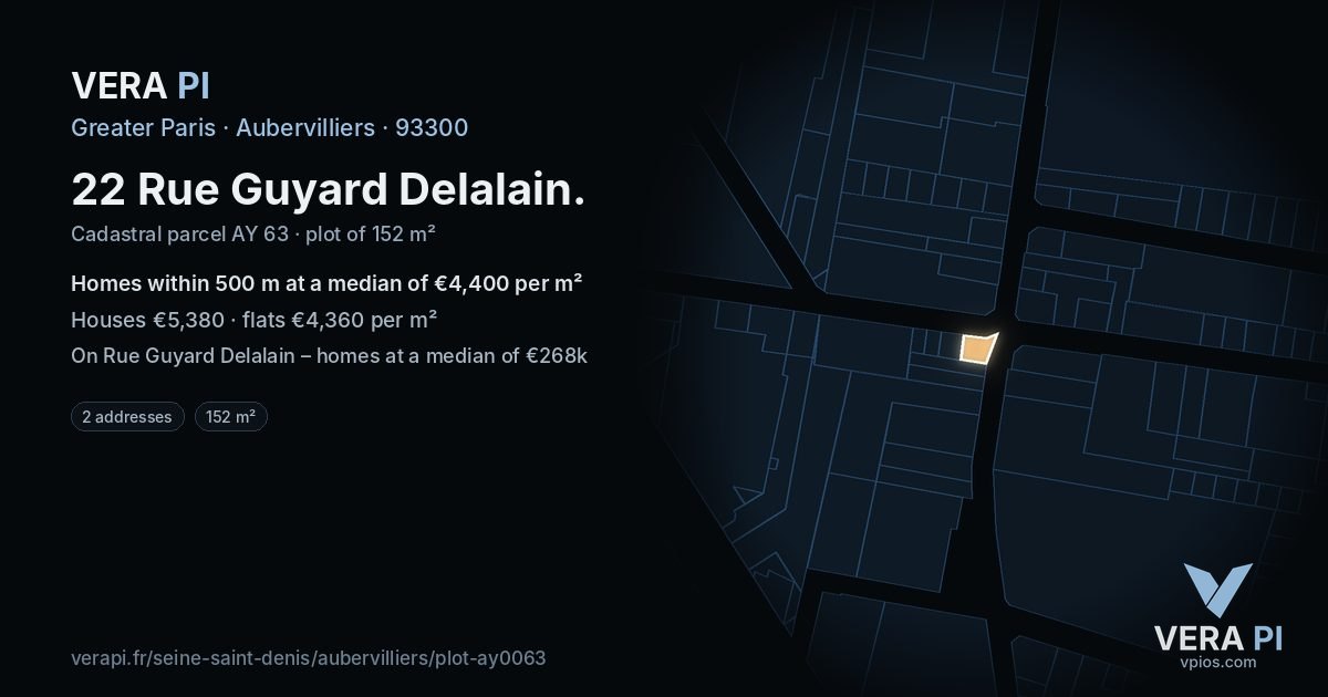 22 Rue Guyard Delalain, Aubervilliers at night – the plot lit, the parcels around coloured by the prices near them
