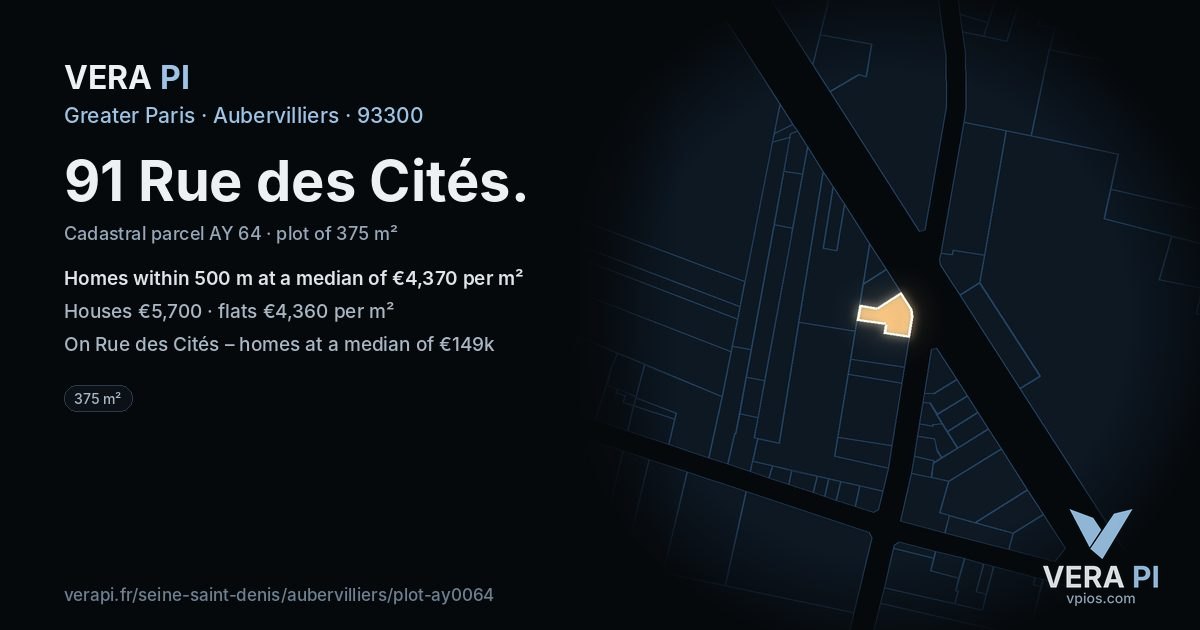 91 Rue des Cités, Aubervilliers at night – the plot lit, the parcels around coloured by the prices near them
