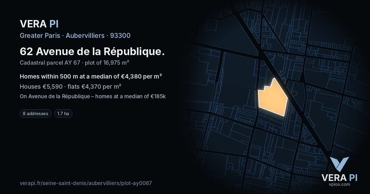 62 Avenue de la République, Aubervilliers at night – the plot lit, the parcels around coloured by the prices near them