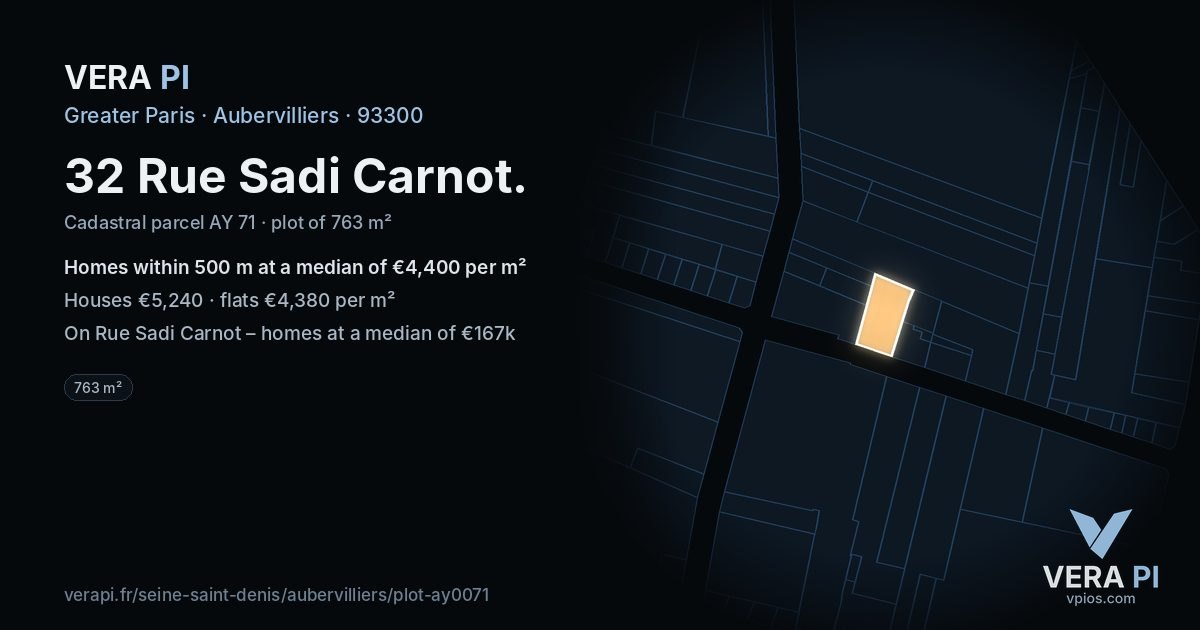 32 Rue Sadi Carnot, Aubervilliers at night – the plot lit, the parcels around coloured by the prices near them
