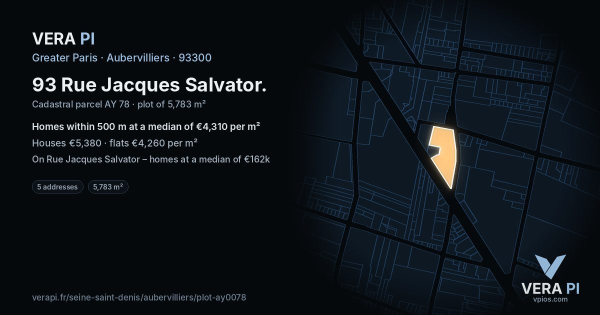 93 Rue Jacques Salvator, Aubervilliers at night – the plot lit, the parcels around coloured by the prices near them