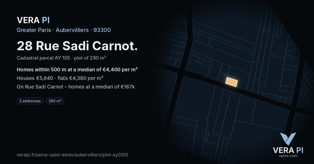 28 Rue Sadi Carnot, Aubervilliers at night – the plot lit, the parcels around coloured by the prices near them