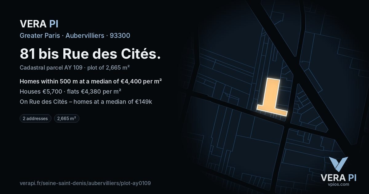 81 bis Rue des Cités, Aubervilliers at night – the plot lit, the parcels around coloured by the prices near them