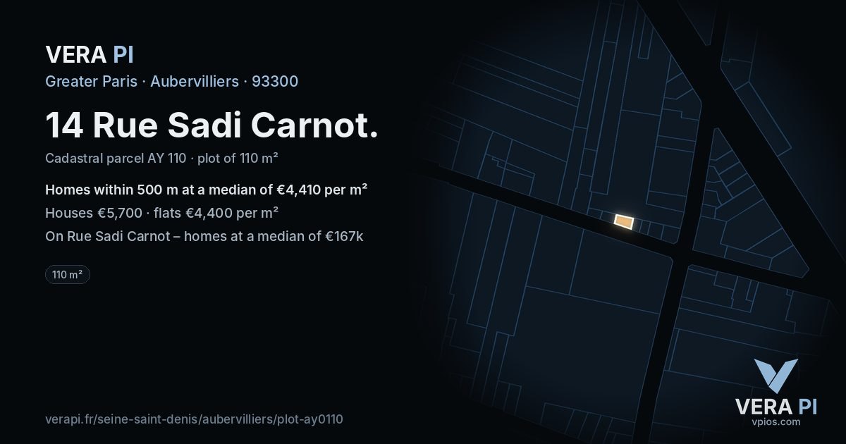 14 Rue Sadi Carnot, Aubervilliers at night – the plot lit, the parcels around coloured by the prices near them