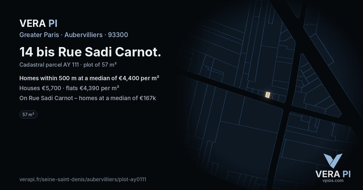 14 bis Rue Sadi Carnot, Aubervilliers at night – the plot lit, the parcels around coloured by the prices near them