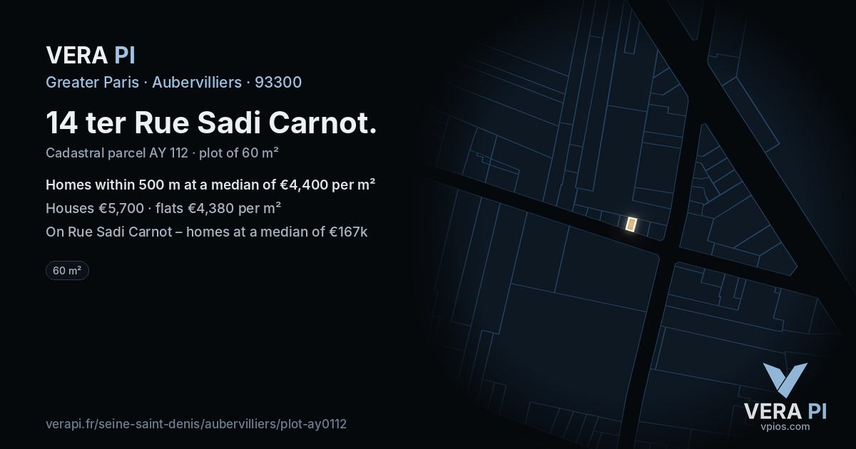 14 ter Rue Sadi Carnot, Aubervilliers at night – the plot lit, the parcels around coloured by the prices near them