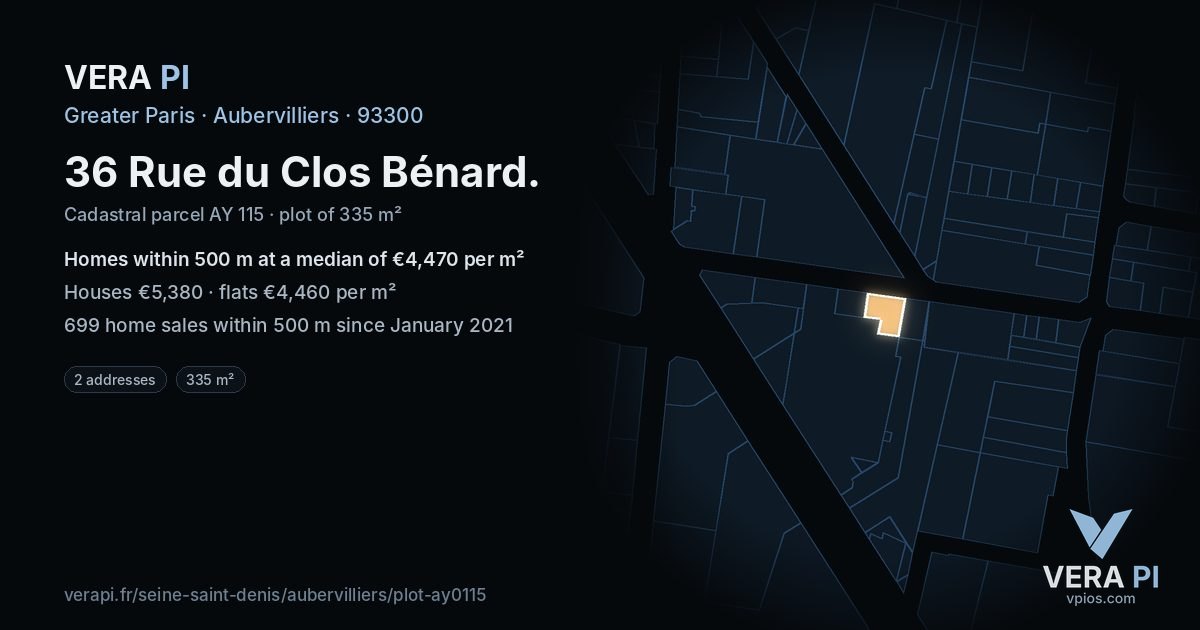 36 Rue du Clos Bénard, Aubervilliers at night – the plot lit, the parcels around coloured by the prices near them