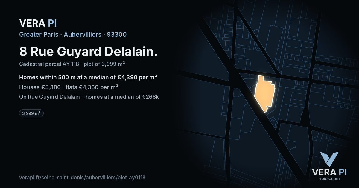 8 Rue Guyard Delalain, Aubervilliers at night – the plot lit, the parcels around coloured by the prices near them