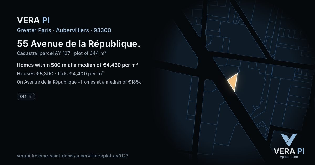 55 Avenue de la République, Aubervilliers at night – the plot lit, the parcels around coloured by the prices near them