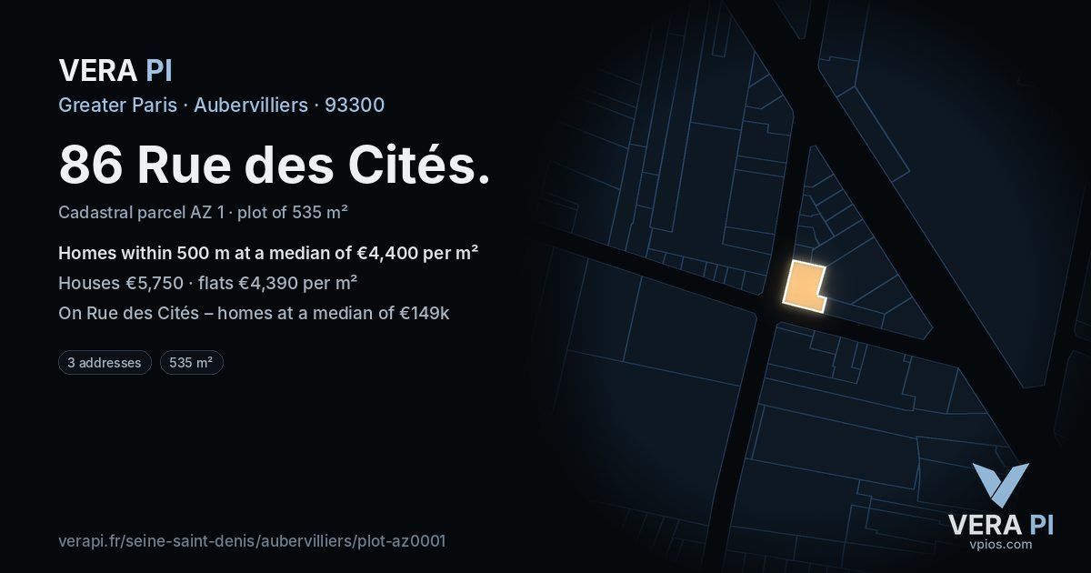 86 Rue des Cités, Aubervilliers at night – the plot lit, the parcels around coloured by the prices near them