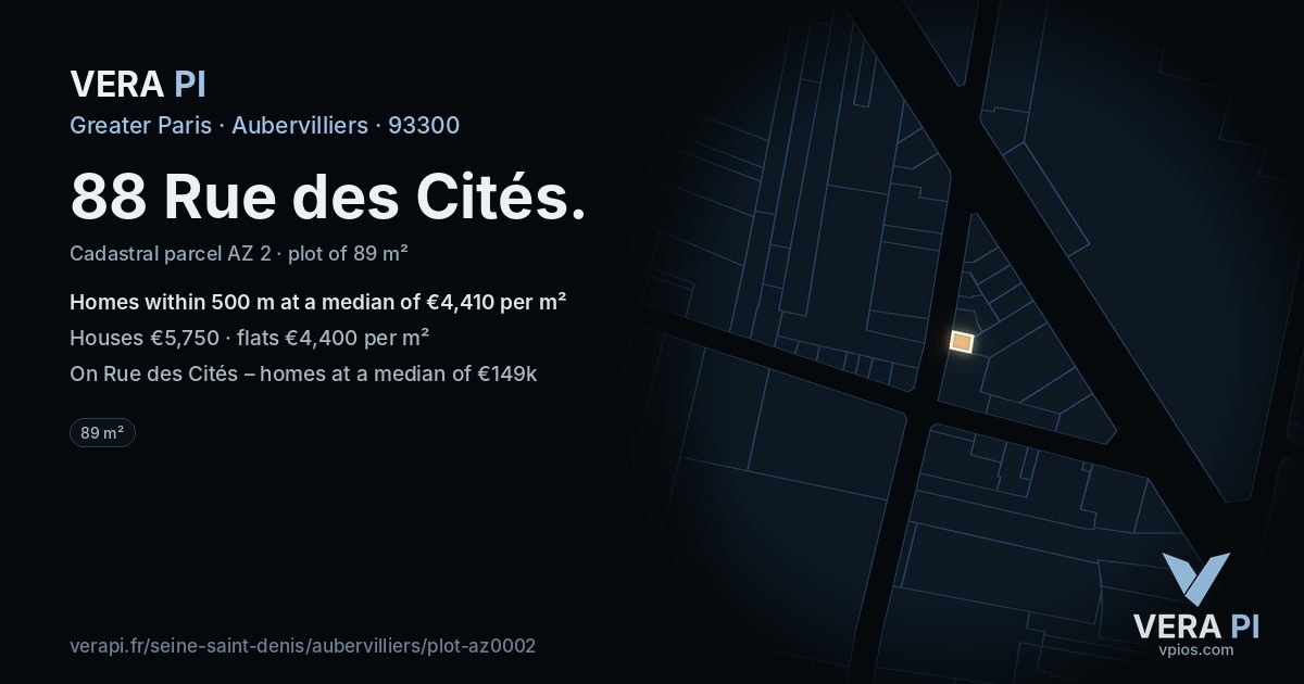 88 Rue des Cités, Aubervilliers at night – the plot lit, the parcels around coloured by the prices near them
