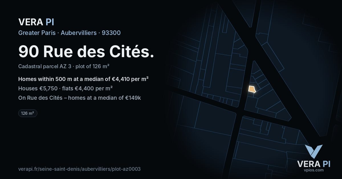 90 Rue des Cités, Aubervilliers at night – the plot lit, the parcels around coloured by the prices near them