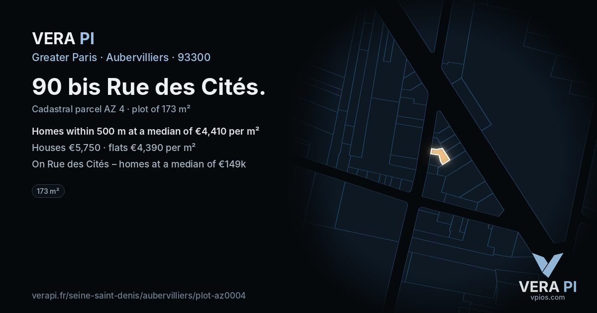 90 bis Rue des Cités, Aubervilliers at night – the plot lit, the parcels around coloured by the prices near them