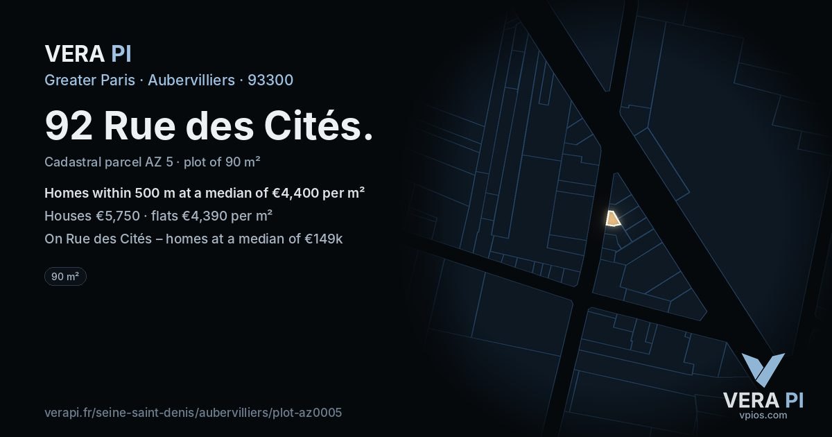 92 Rue des Cités, Aubervilliers at night – the plot lit, the parcels around coloured by the prices near them