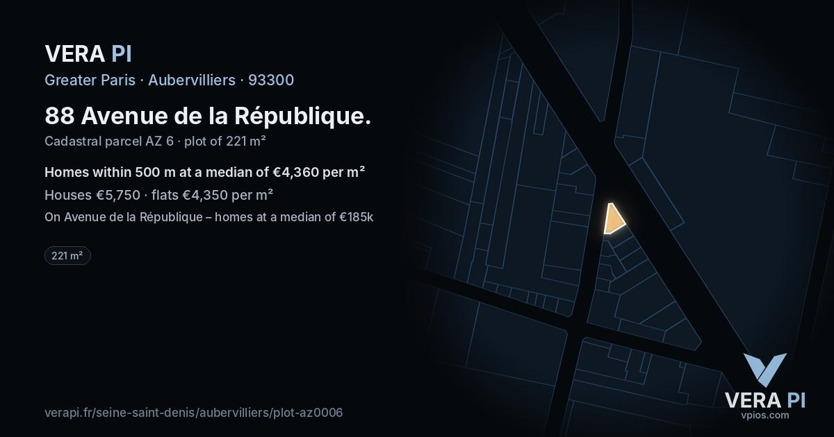 88 Avenue de la République, Aubervilliers at night – the plot lit, the parcels around coloured by the prices near them