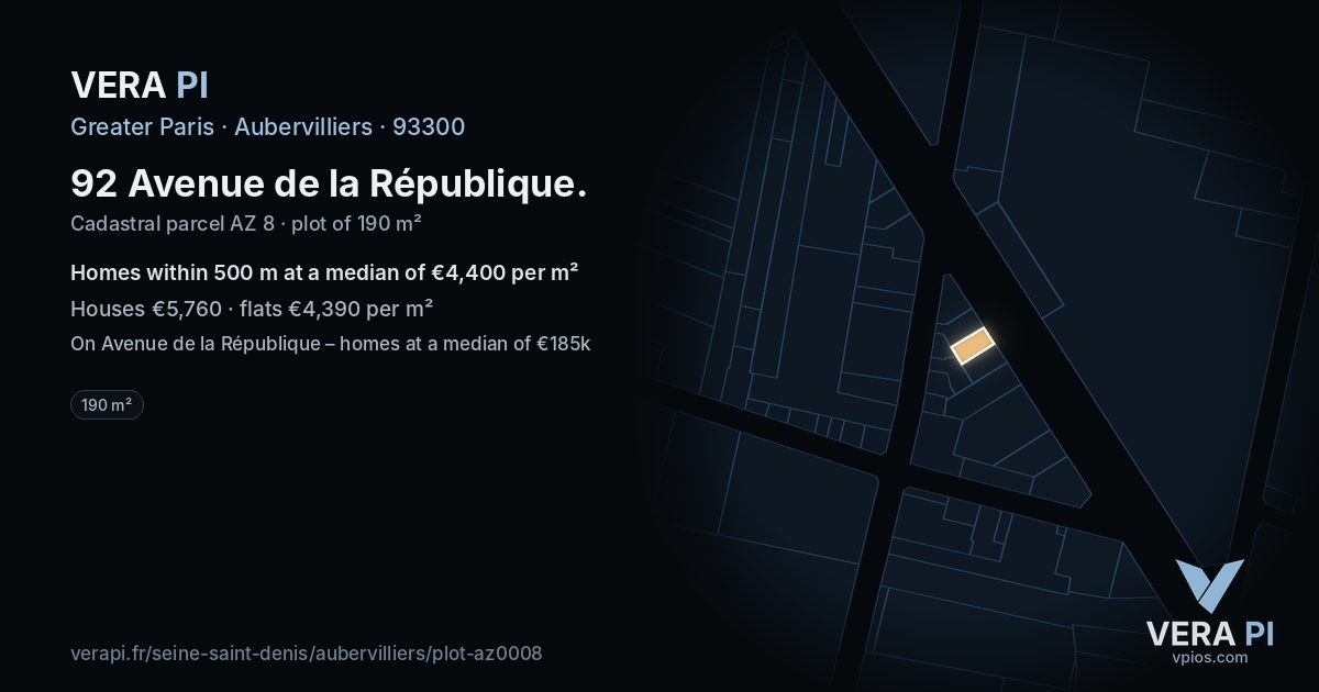 92 Avenue de la République, Aubervilliers at night – the plot lit, the parcels around coloured by the prices near them
