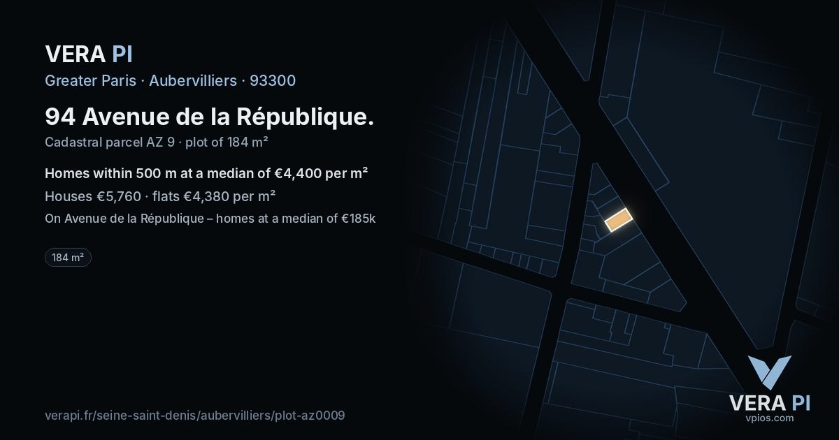 94 Avenue de la République, Aubervilliers at night – the plot lit, the parcels around coloured by the prices near them
