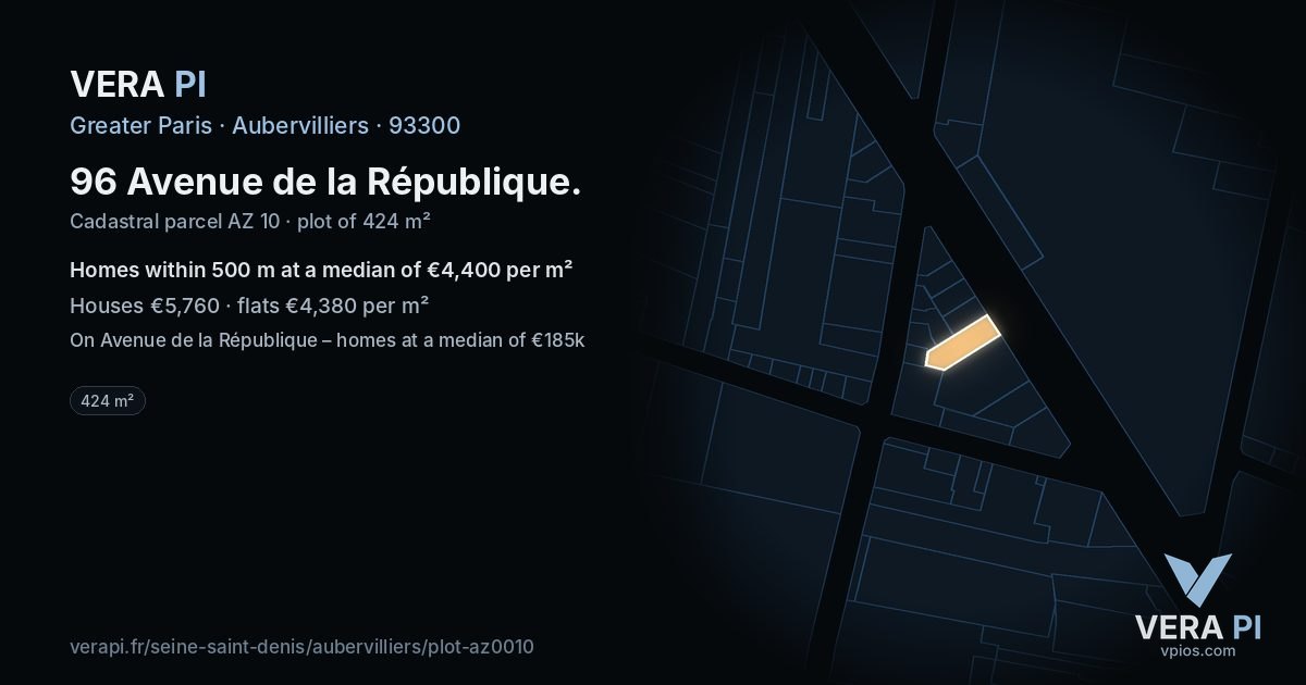 96 Avenue de la République, Aubervilliers at night – the plot lit, the parcels around coloured by the prices near them
