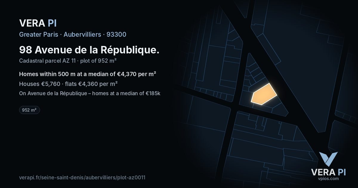 98 Avenue de la République, Aubervilliers at night – the plot lit, the parcels around coloured by the prices near them