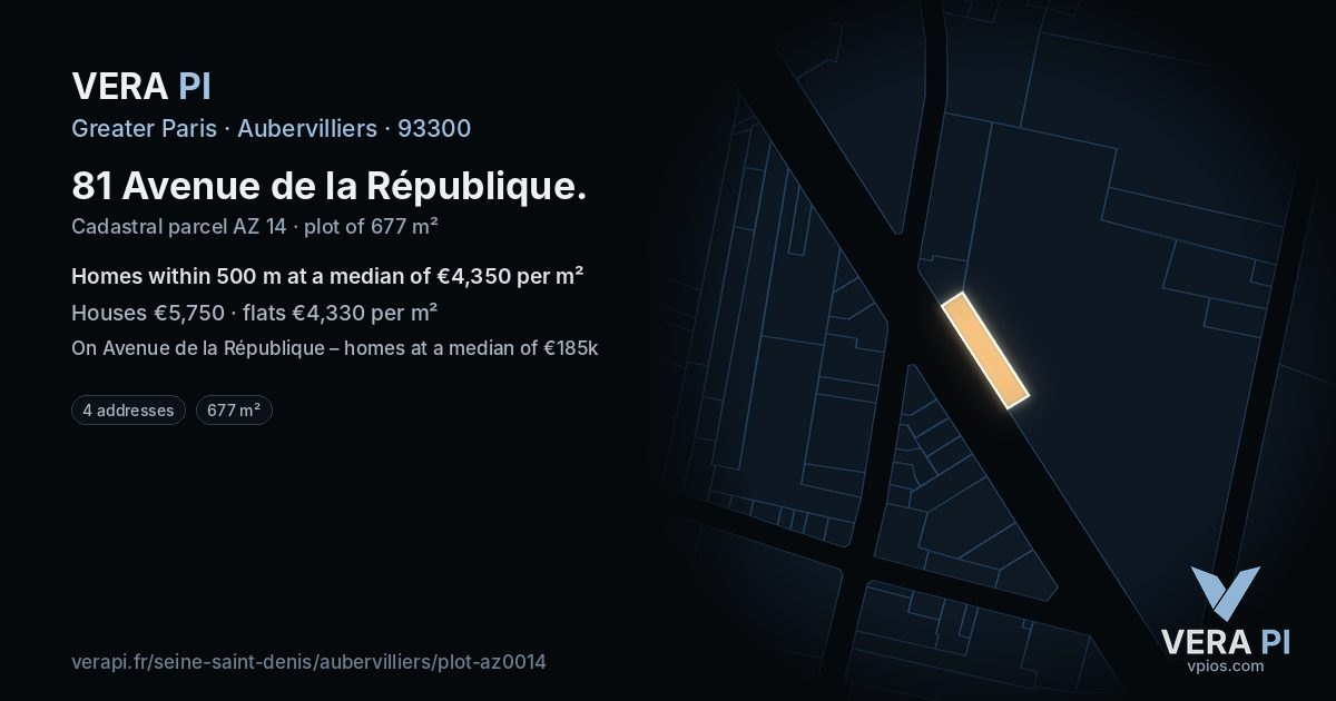 81 Avenue de la République, Aubervilliers at night – the plot lit, the parcels around coloured by the prices near them