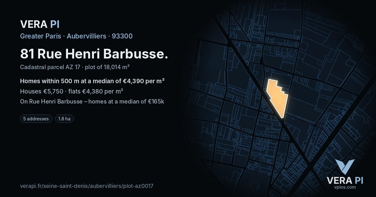 81 Rue Henri Barbusse, Aubervilliers at night – the plot lit, the parcels around coloured by the prices near them