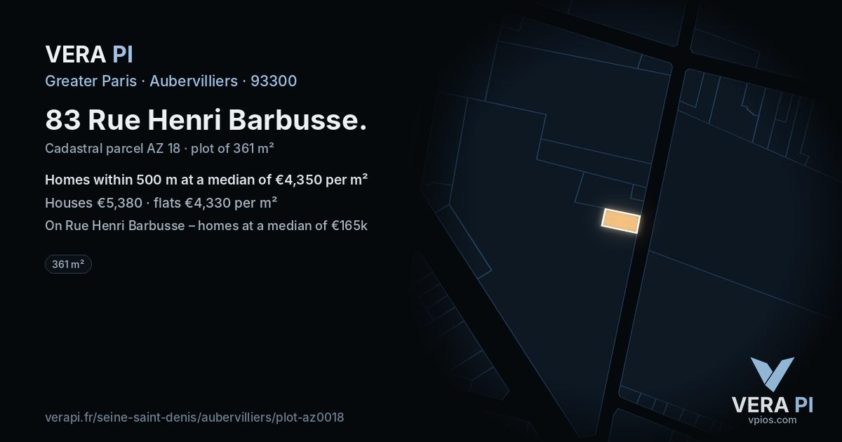 83 Rue Henri Barbusse, Aubervilliers at night – the plot lit, the parcels around coloured by the prices near them