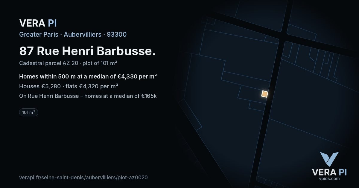 87 Rue Henri Barbusse, Aubervilliers at night – the plot lit, the parcels around coloured by the prices near them