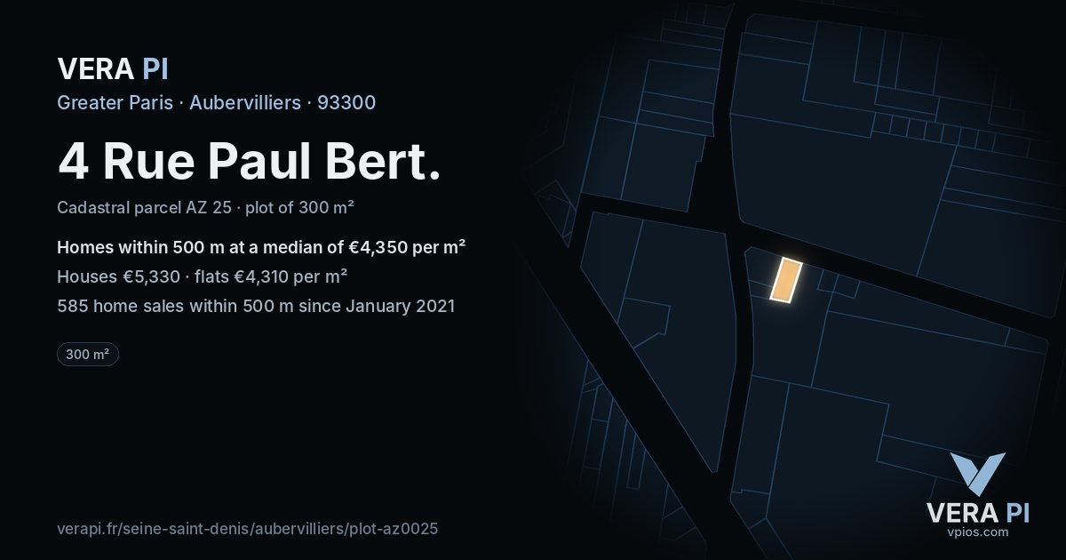 4 Rue Paul Bert, Aubervilliers at night – the plot lit, the parcels around coloured by the prices near them