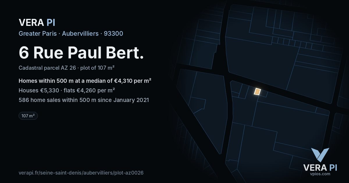 6 Rue Paul Bert, Aubervilliers at night – the plot lit, the parcels around coloured by the prices near them
