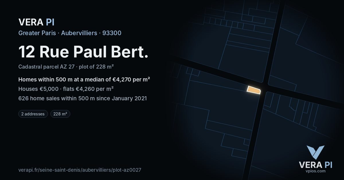12 Rue Paul Bert, Aubervilliers at night – the plot lit, the parcels around coloured by the prices near them